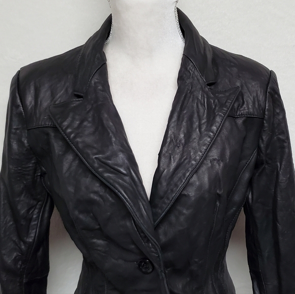 JONES New York Black Crinkled Leather Notched Collar Button Up Moto Jacket Large - Picture 5 of 16